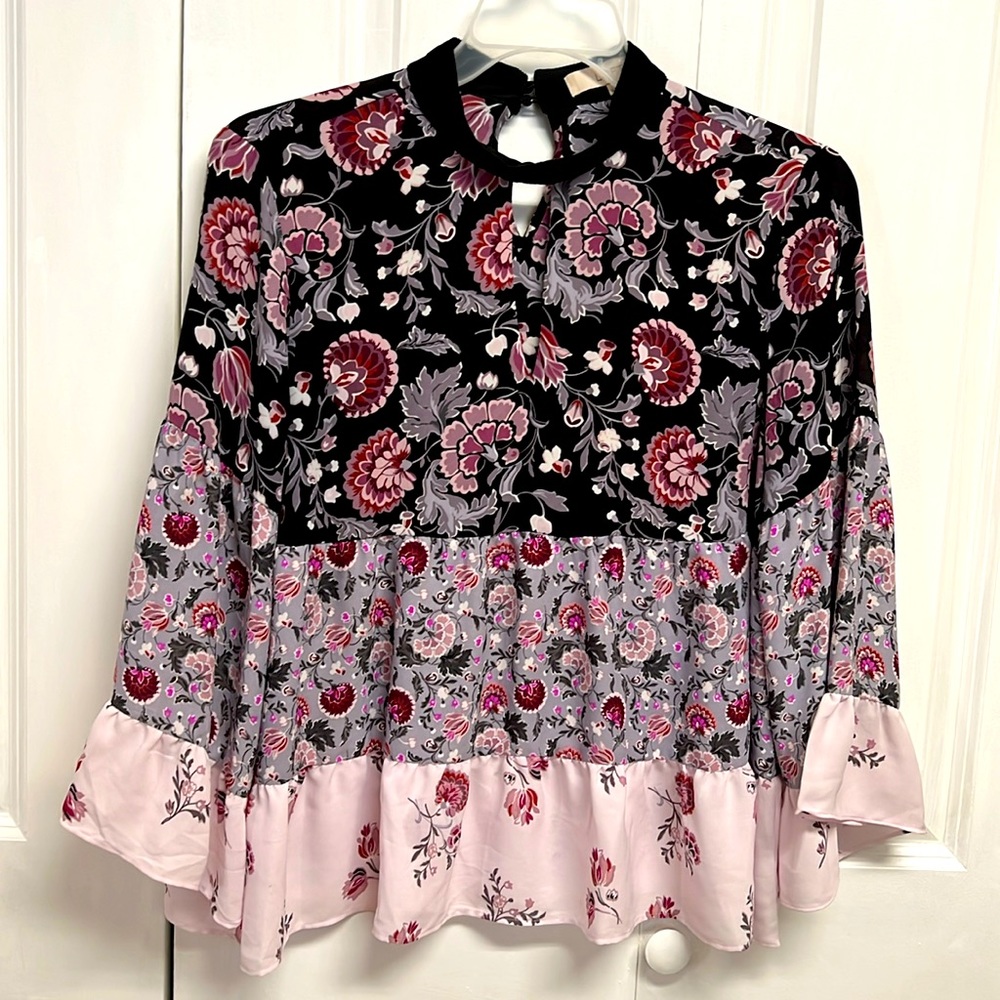 LOFT Black Pink Floral Mixed-Print Blouse